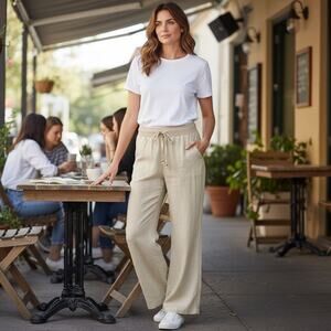 Love Tree Pants Linen Blend Loose Fit Resort Vacation Coastal SZ Large Beige